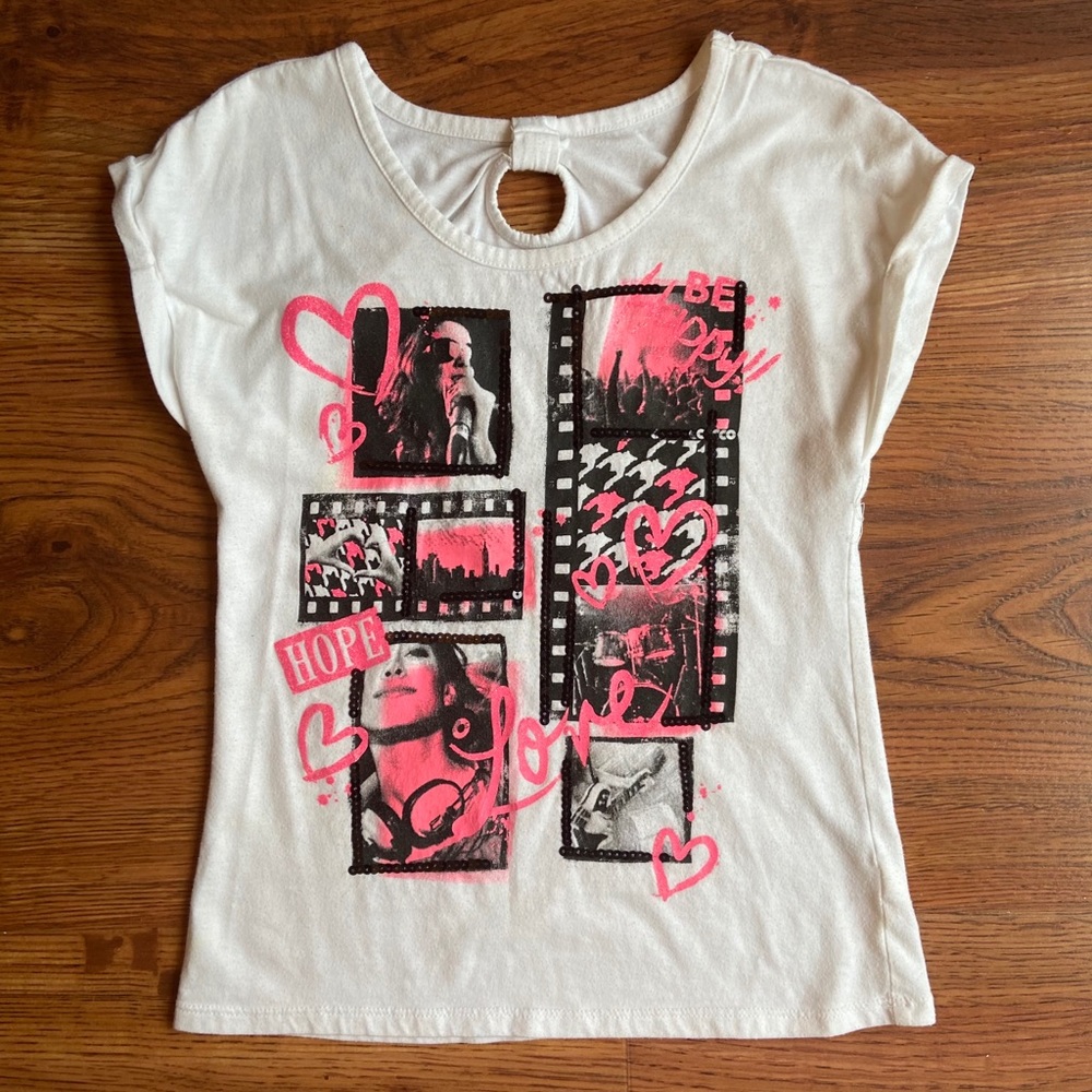 Justice white, black, and pink sequin graphic tee